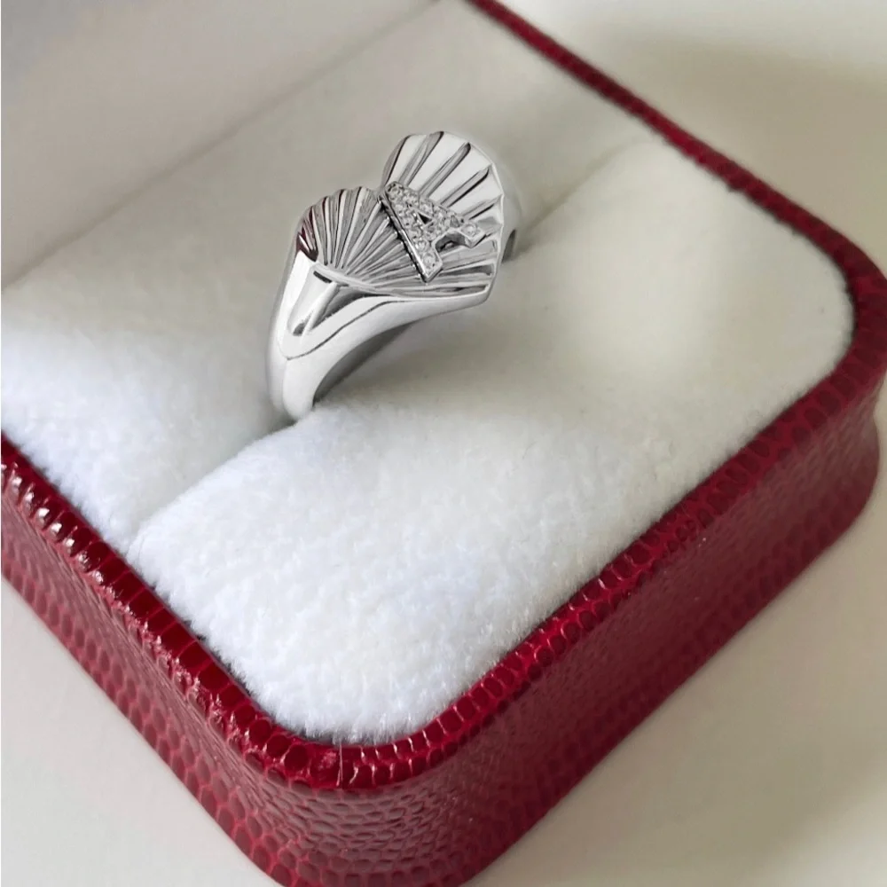 Diamond Heart Signet Ring 14k White Gold